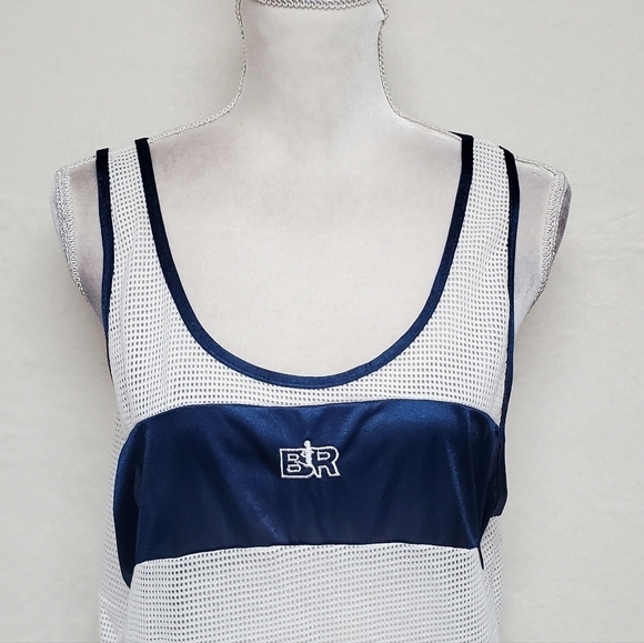 VINTAGE 1970s Bill Rodgers Blue White Mesh Sleeveless Singlet Running Sport Tank - Picture 5 of 15